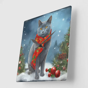 Horloge Carrée Chat Bleu Russe dans la neige de Noël