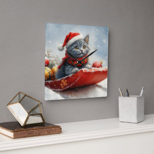 Horloge Carrée Chat Bleu Russe en Luge Laissez Tomber la Neige No