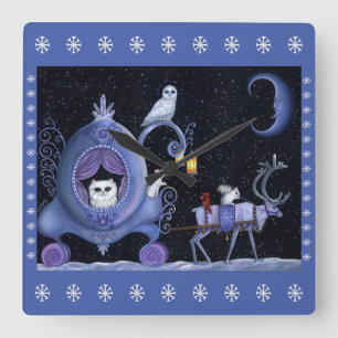 Horloge Carrée Chat Blue Carriage Hivernal Chouette Neige Blanc C