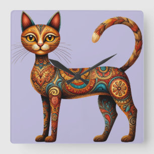 Horloge Carrée Chat bohème tribal mignon art folklorique avec des