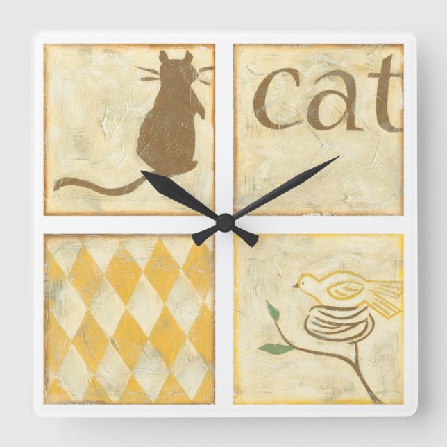 Horloge Carrée Chat Brown et oiseau jaune par Chariklia Zarris (Recto)