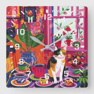 Horloge Carrée Chat calicot maximaliste et salon de thé