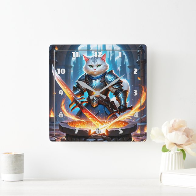 Horloge Carrée Chat Chevalier forge l'épée dans la forge magique (Maison)