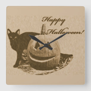 Horloge Carrée Chat & Citrouille Joyeux Halloween