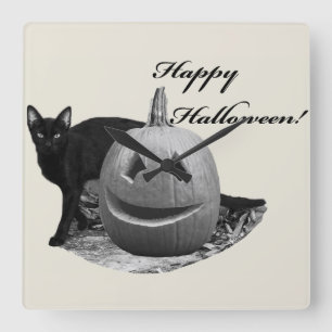 Horloge Carrée Chat & Citrouille Joyeux Halloween