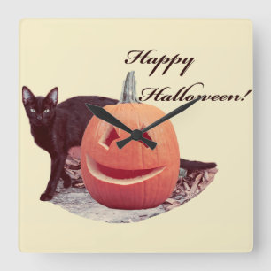 Horloge Carrée Chat & Citrouille Joyeux Halloween
