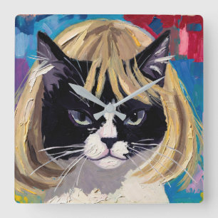 Horloge Carrée Chat Dans Une Perruque (#5)