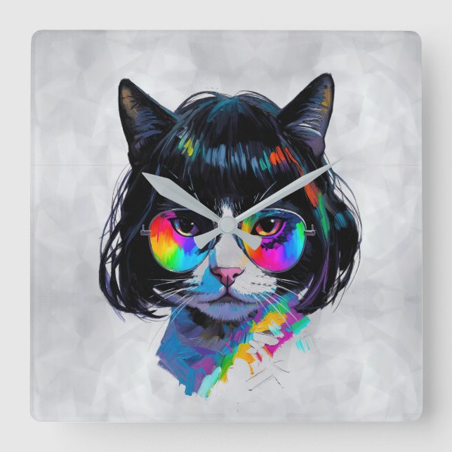 Horloge Carrée Chat dans une perruque + Lunettes de soleil (Peint (Recto)
