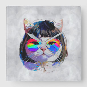 Horloge Carrée Chat dans une perruque + Lunettes de soleil (Peint