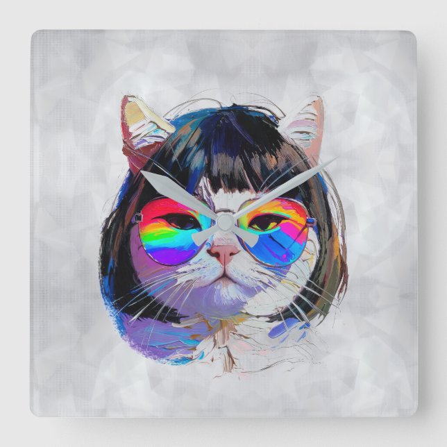 Horloge Carrée Chat dans une perruque + Lunettes de soleil (Peint (Recto)