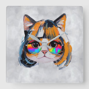 Horloge Carrée Chat dans une perruque + Lunettes de soleil (Peint