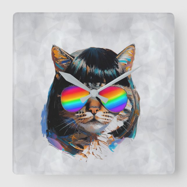 Horloge Carrée Chat dans une perruque + Lunettes de soleil (Peint (Recto)