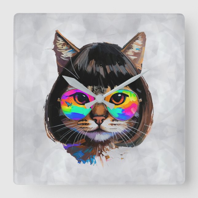 Horloge Carrée Chat dans une perruque + Lunettes de soleil (Peint (Recto)