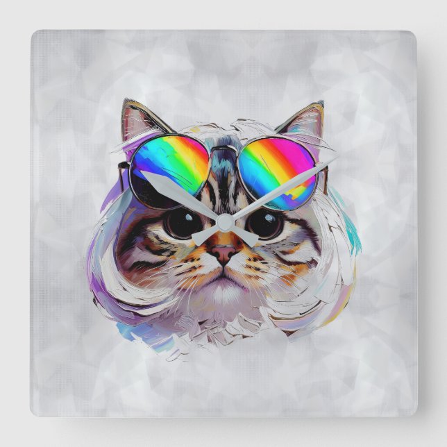 Horloge Carrée Chat dans une perruque + Lunettes de soleil (Peint (Recto)