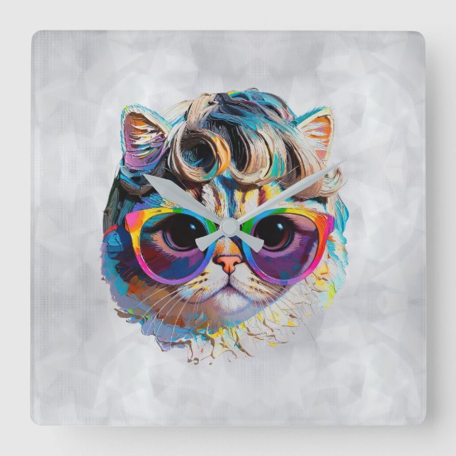 Horloge Carrée Chat dans une perruque + Lunettes de soleil (Peint (Recto)