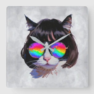 Horloge Carrée Chat dans une perruque + Lunettes de soleil (Peint