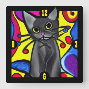Horloge Carrée Chat d'art pop noir