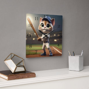 Horloge Carrée Chat De Baseball Drôle,
