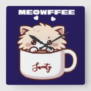 Horloge Carrée Chat de café mignon Meowffee personnalisé