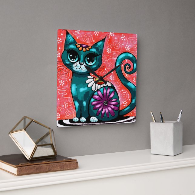 Horloge Carrée Chat de chaton Whimsical assis sur le tapis Floral (Bureau)