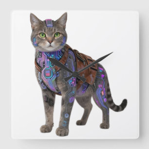 Horloge Carrée Chat de circuit cyberpunk – Bête de technologie né