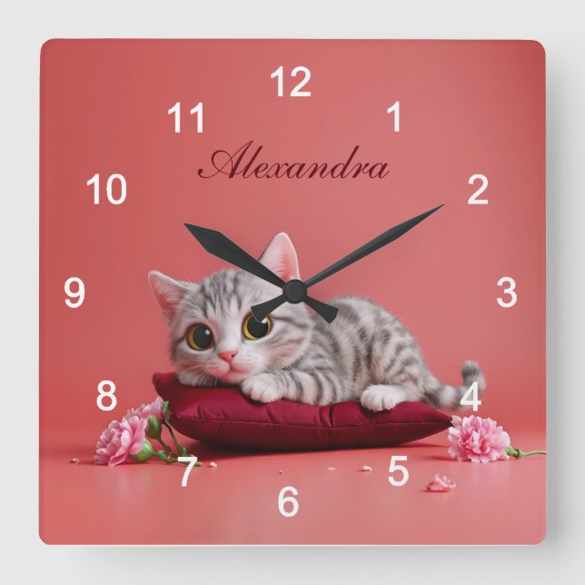 Horloge Carrée Chat de janvier mignon avec oeillets (Recto)