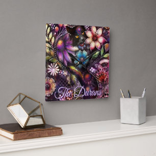 Horloge Carrée Chat de jardin floral abstrait personnalisé