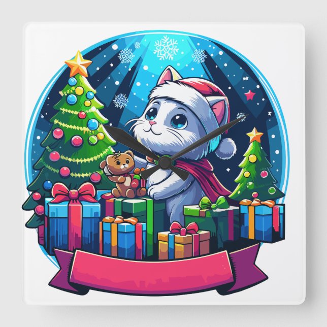 Horloge Carrée chat de noël (Recto)