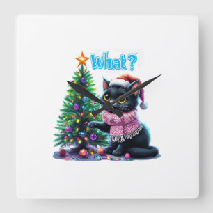 Horloge Carrée Chat de Noël amusant Avec Sticker Arbre