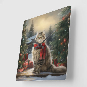 Horloge Carrée Chat de Sibérie en Noël de Neige