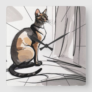 Horloge Carrée Chat élégant de la ville regardant par la fenêtre