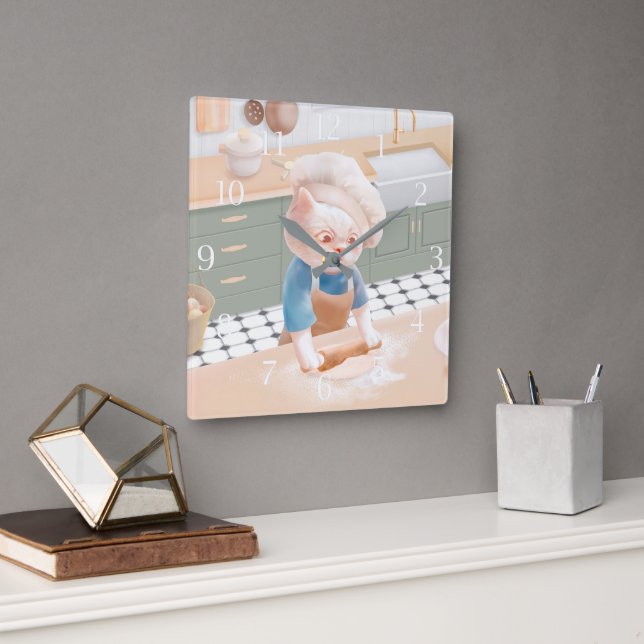 Horloge Carrée Chat en chef Casquette Rolling Dough à la cuisine  (Bureau)