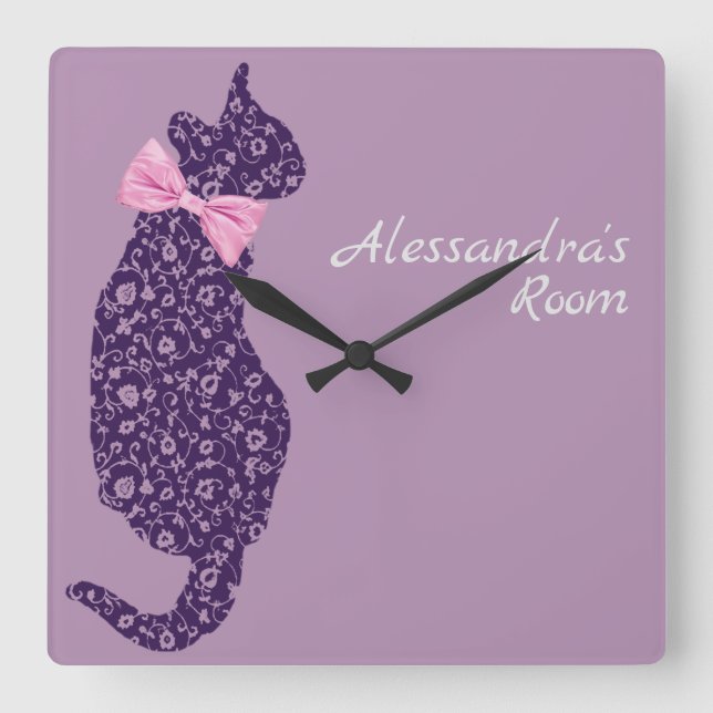 Horloge Carrée Chat en dentelle violette personnalisé Silhouette  (Recto)