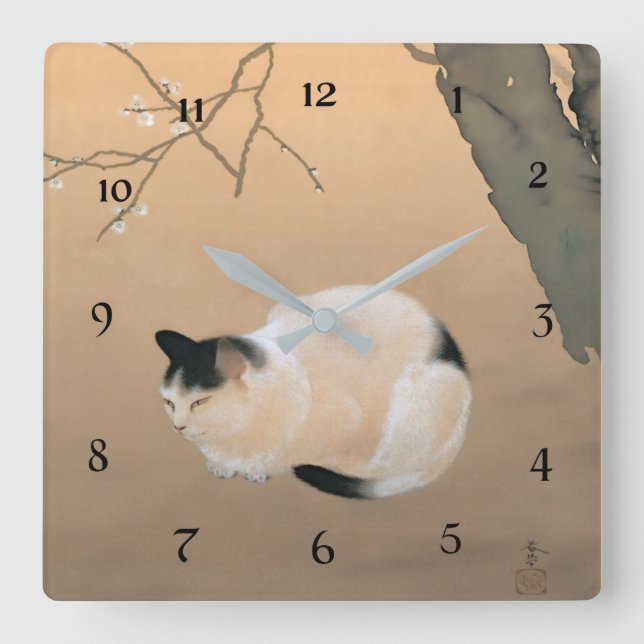 Horloge Carrée Chat et fleurs de prunier par Hishida Shunso (Recto)