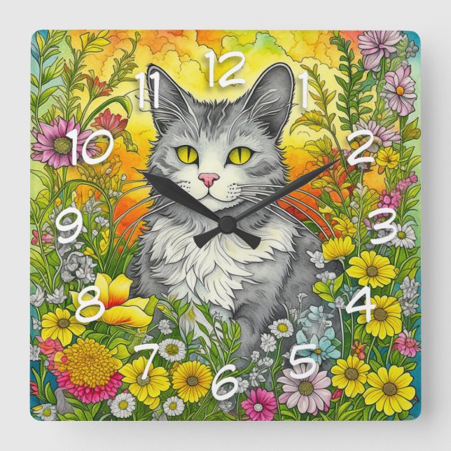 Horloge Carrée Chat et Fleurs Whimsical (Recto)