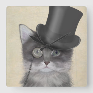 Horloge Carrée Chat gris avec chapeau supérieur