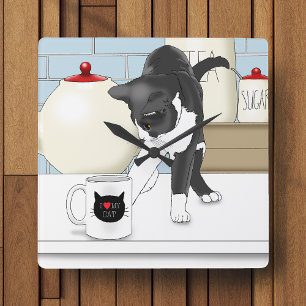 Horloge Carrée Chat Gris Blanc Curieux Tasse à Thé Drôle Cuisine
