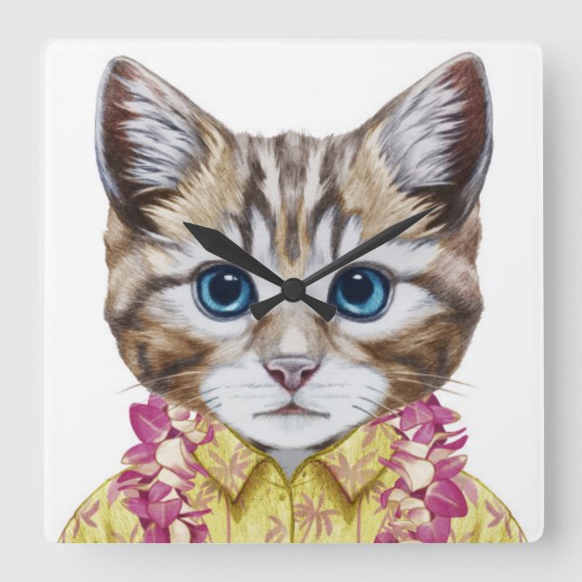 Horloge Carrée Chat hawaïen (Recto)