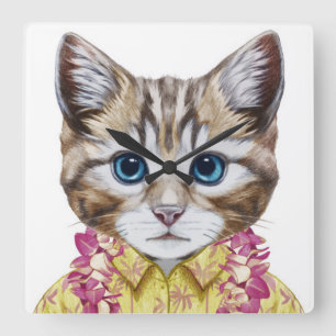 Horloge Carrée Chat hawaïen de Kitty