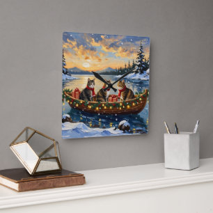 Horloge Carrée Chat Maine Coon Noël Bateau Fêtes