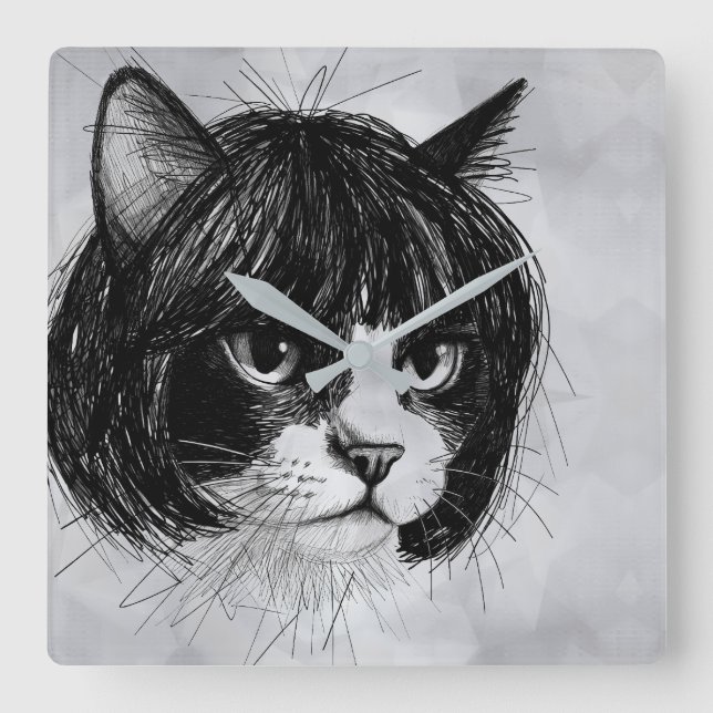 Horloge Carrée Chat mignon avec une perruque (style 10 + fond) Be (Recto)