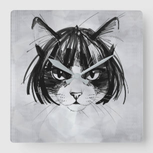Horloge Carrée Chat mignon avec une perruque (style 1 + fond) Bea