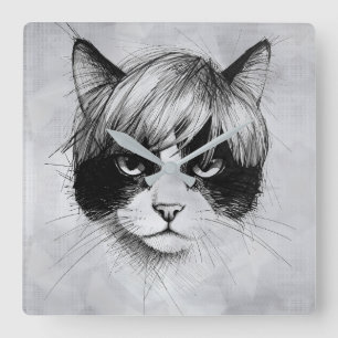 Horloge Carrée Chat mignon avec une perruque (style 2 + fond) Bea