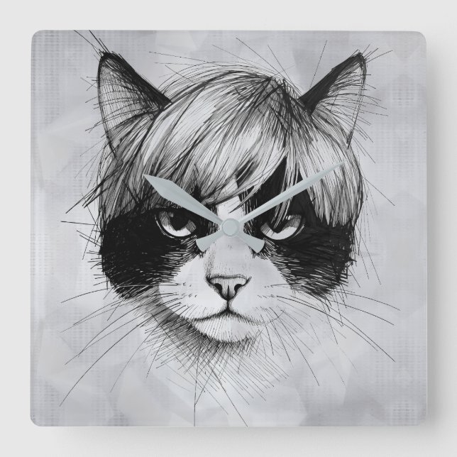 Horloge Carrée Chat mignon avec une perruque (style 2 + fond) Bea (Recto)