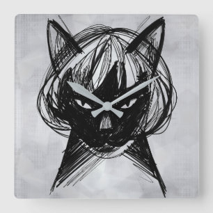 Horloge Carrée Chat mignon avec une perruque (Style 6 + fond) Art
