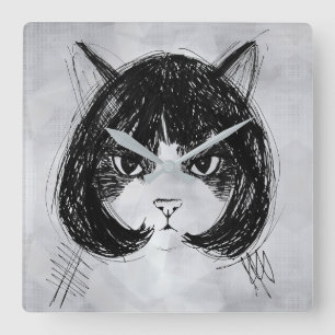 Horloge Carrée Chat mignon avec une perruque (style 8 + fond) Bea
