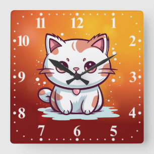 Horloge Carrée Chat Mignon de Style Kawaii Clipart