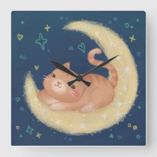 Horloge Carrée Chat mignon sur la Lune