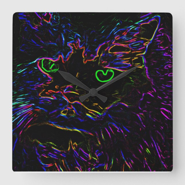 Horloge Carrée Chat Neon Glow (Recto)