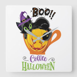 Horloge Carrée Chat noir Boo, Café Citrouille Effrayant Halloween